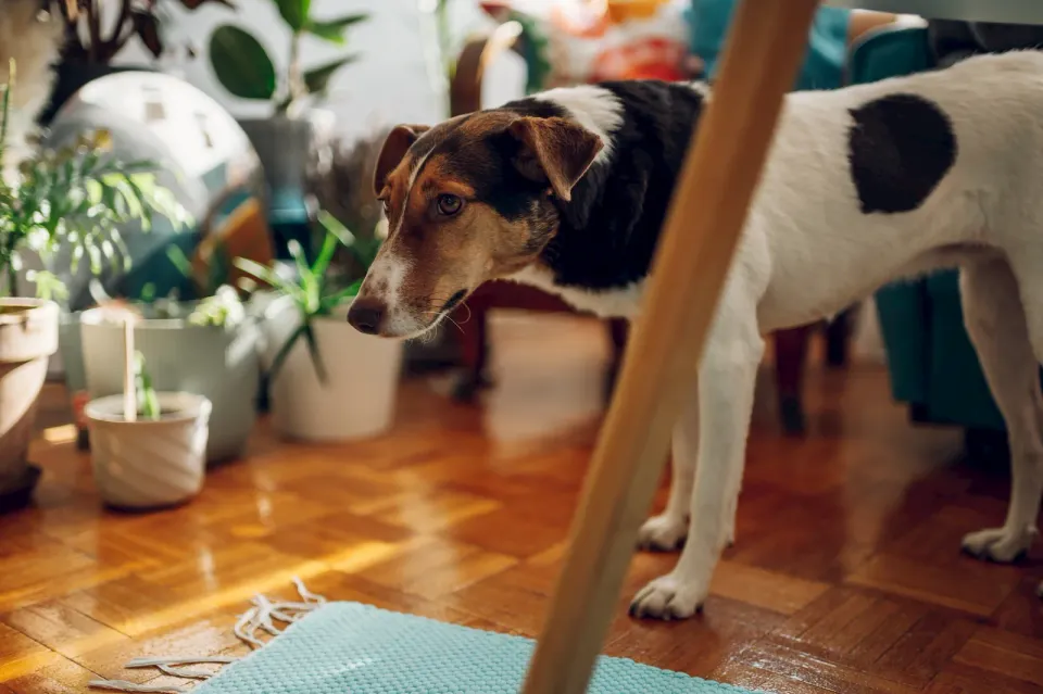 Perro tricolor de pie en un salón junto a plantas y una silla