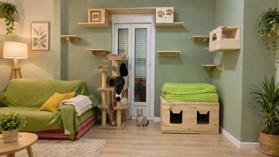 Salón con sofás, rascadores y plataformas para gatos