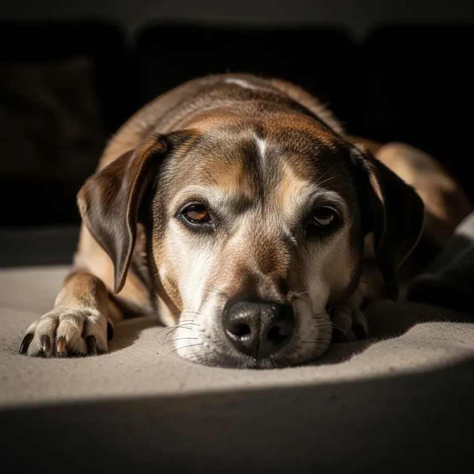 Perro marrón tumbado con la cabeza apoyada y luz lateral sobre el rostro