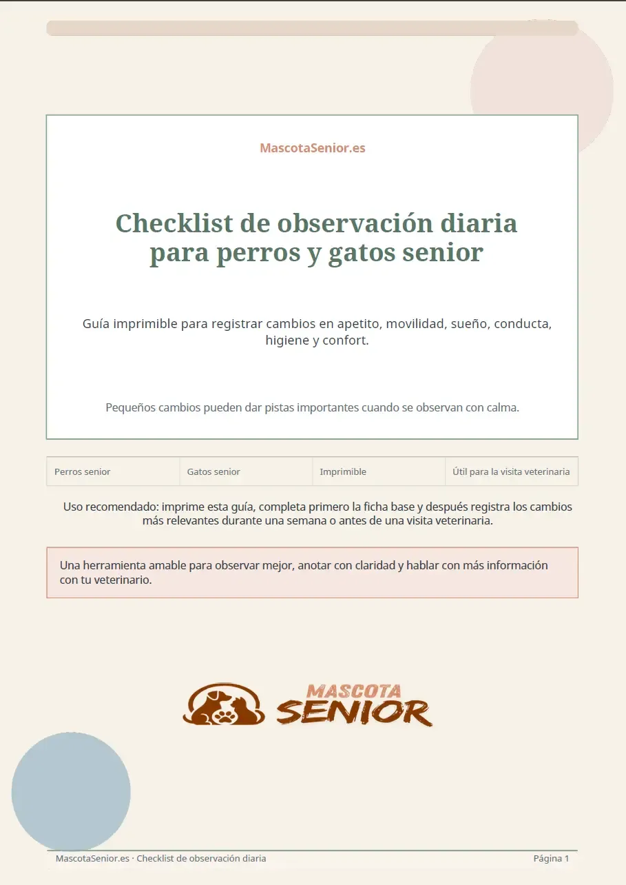 Vista previa de la checklist imprimible de observación para mascotas senior