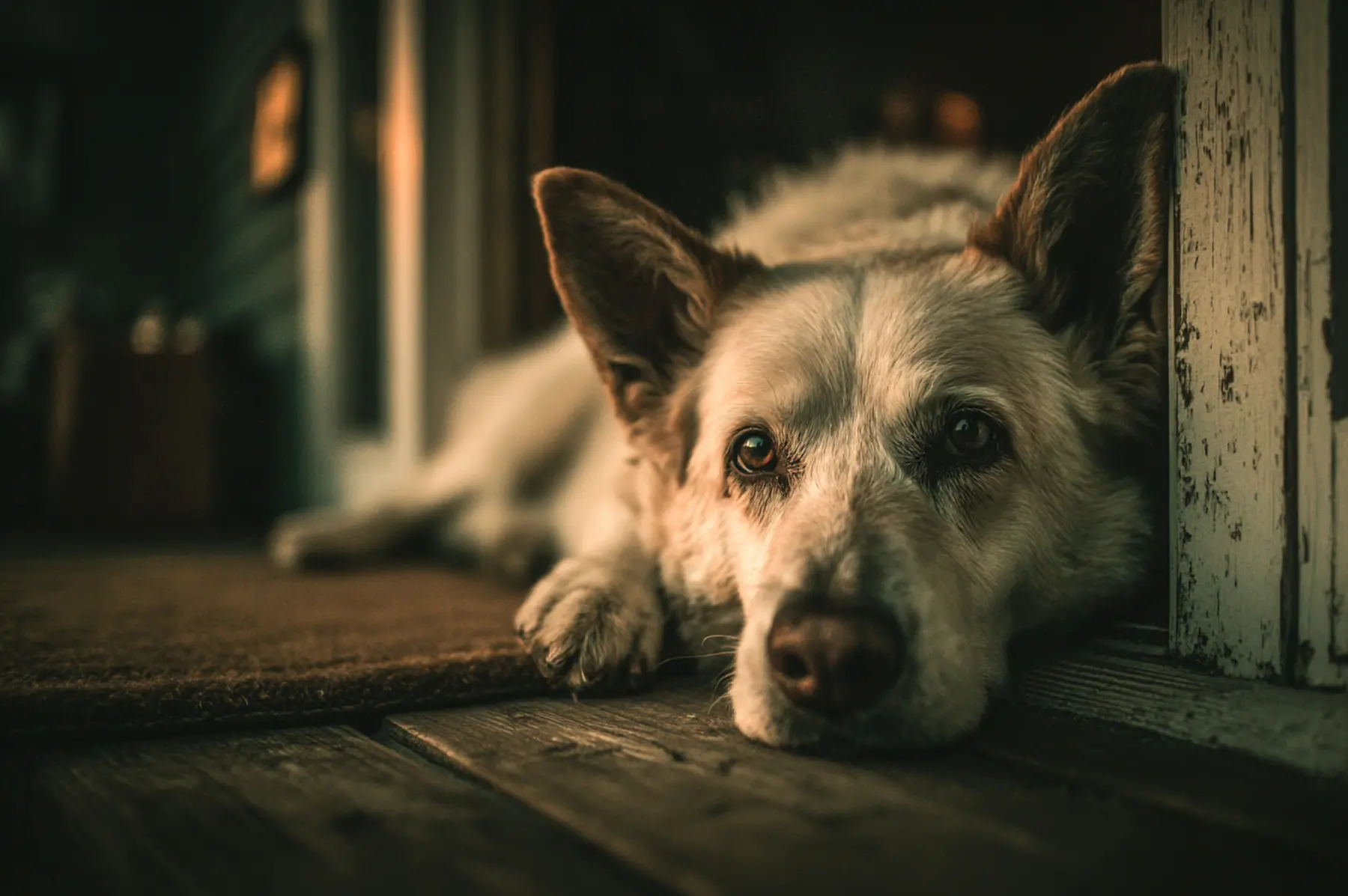 Mascota senior en una escena tranquila como apoyo visual para orientación nocturna